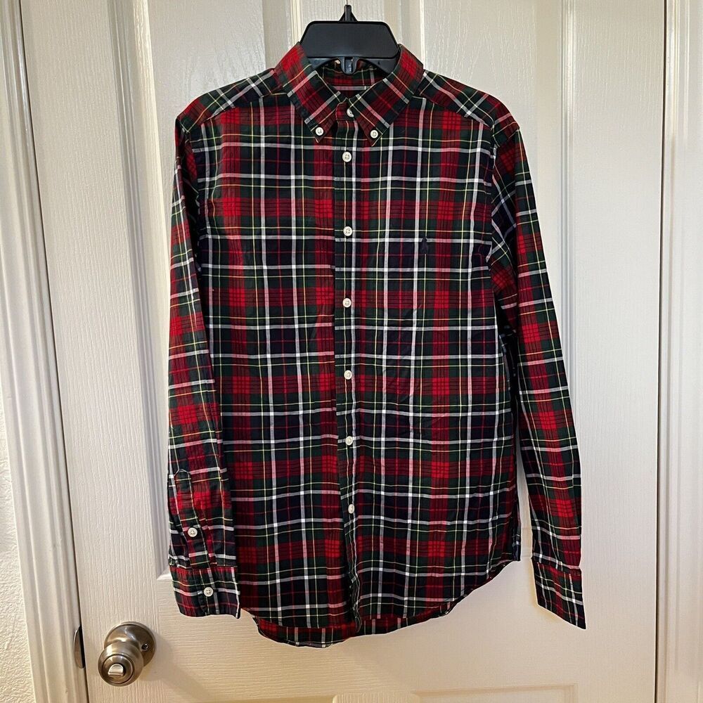 Ralph Lauren Red Green Navy Plaid Button Up Shirt Cotton Boys Size Large 14-16